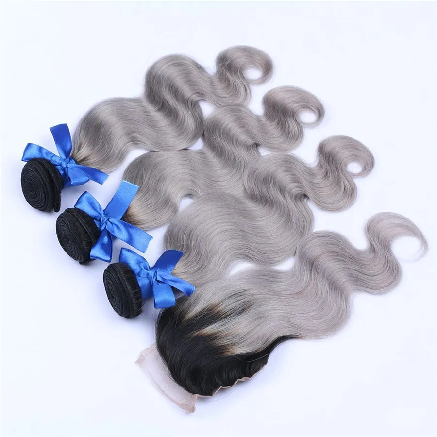 Ombre Human Weft Hair Weave Body Wave 1B/Grey 7A Brazilian 3 Bundles With Lace Top Closure Silver Hair Extensions 10-30inch