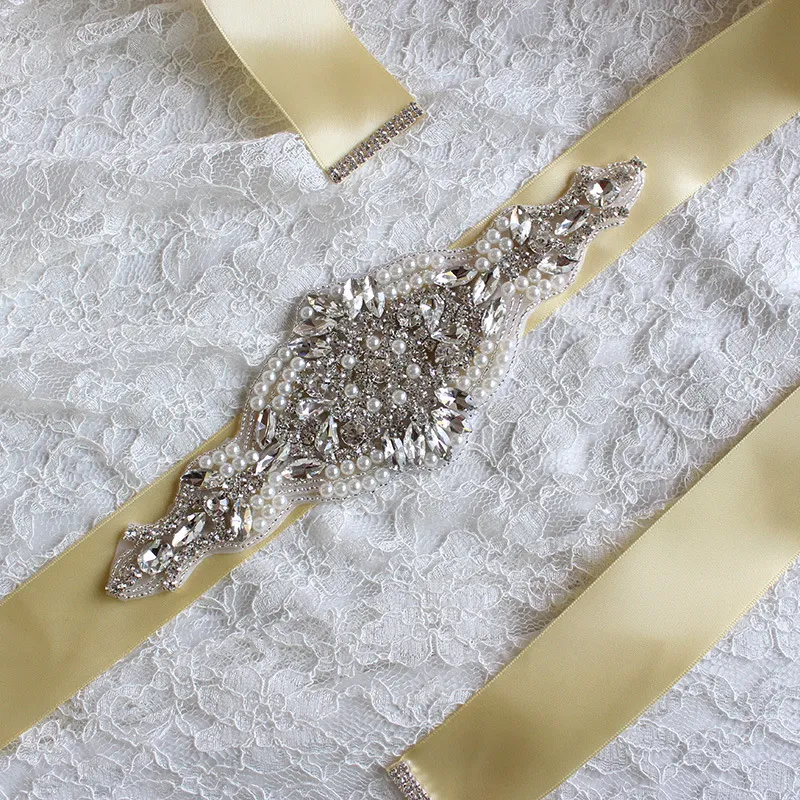 Champagne Pearl Bridal Sash Belts Handmade Crystals Women Belts Rhinestones Wedding Belt Crystal Satin Tie Back Drop-water Large Rhinestone