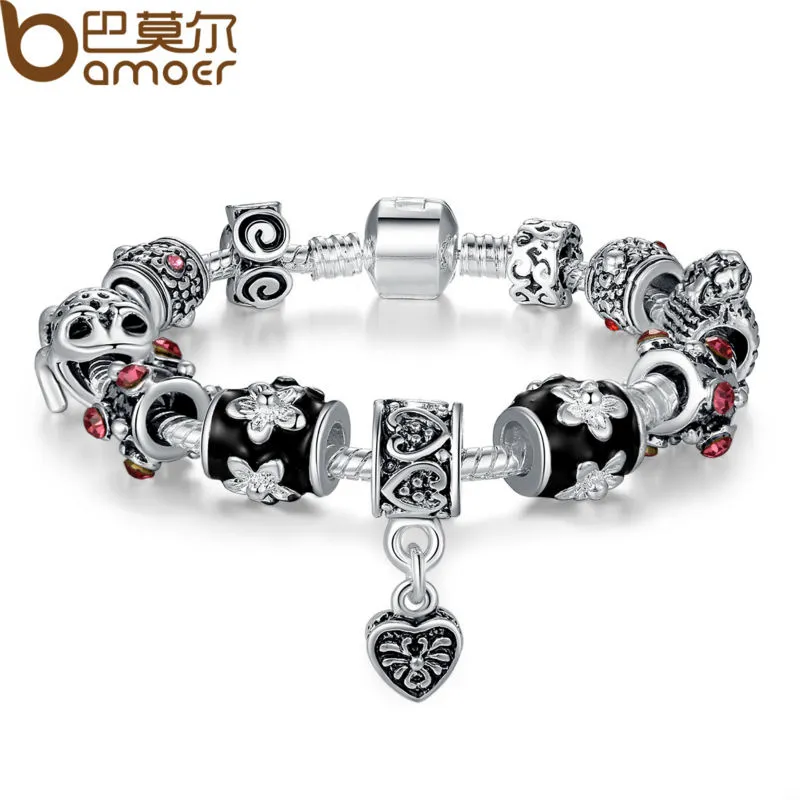 BAMOER Alta Qualidade Europeia Prata Tibetano Beads Pulseiras Pulseiras com Coração Charme Pulseira DIY Jóias PA1034