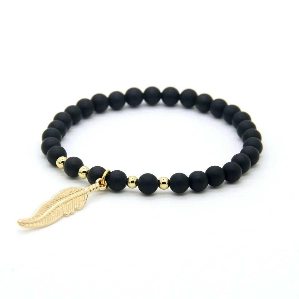 New Design Jewelry Wholesale 6mm Matte Agate Stone Gold and Platinum Plated Leaf Charms Beaded Bracelets