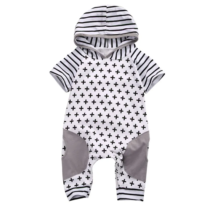 Schattige baby kleding lente zomer herfst peuter meisjes jongens rompertjes met capuchon korte / lange mouw gestreepte romper kruis jumpsuit playsuit outfits