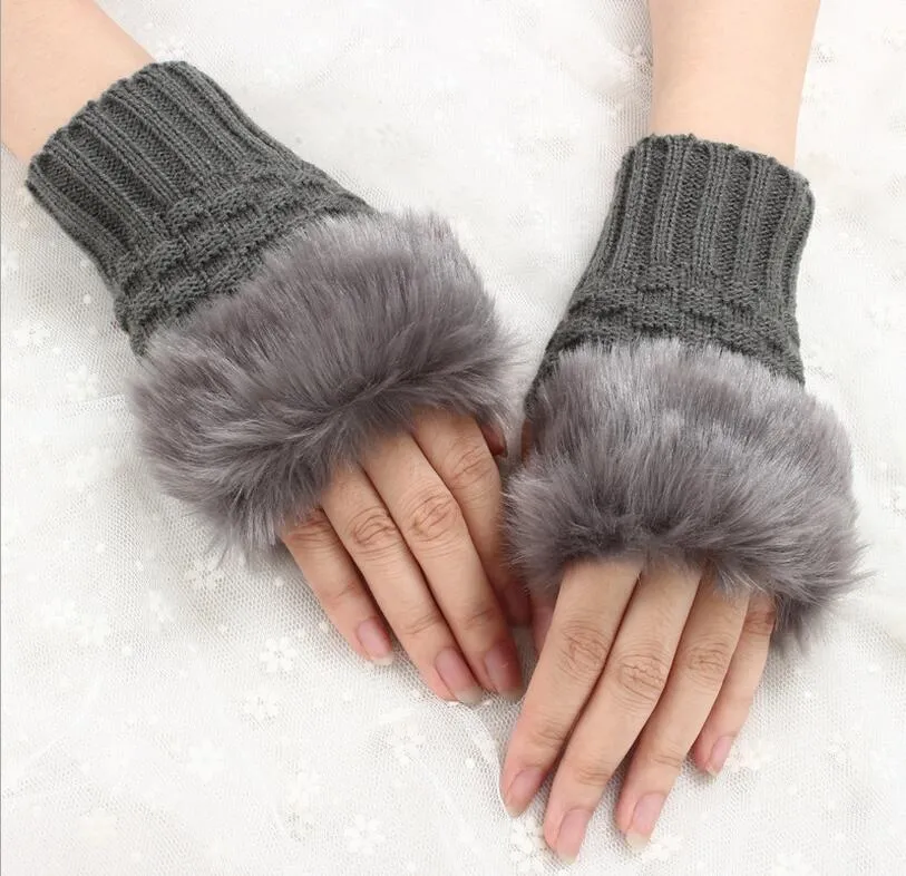 Women Girl Knitted Faux Rabbit Fur gloves Mittens Winter Arm Length Warmer outdoor Fingerless Gloves colorful XMAS gifts