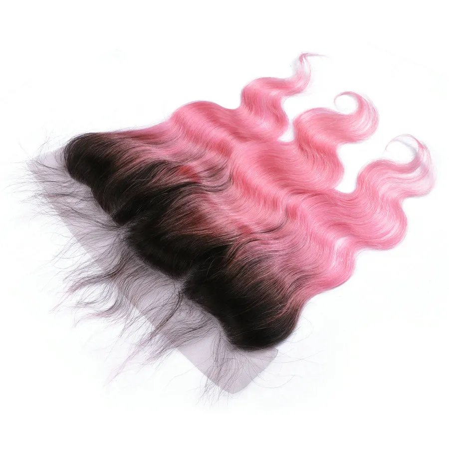 Radici scure Fasci di capelli rosa con chiusura frontale in pizzo Ombre Rosa Estensioni dei capelli peruviani Onda del corpo Tessuto dei capelli umani e frontale in pizzo