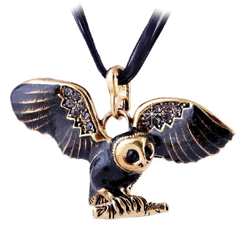 Vintage Enamel Owl Charm Pendant Necklace for Women Fashion Necklaces Lace Wax Rope Chain Vintage Bronze Jewelry Wholesale 