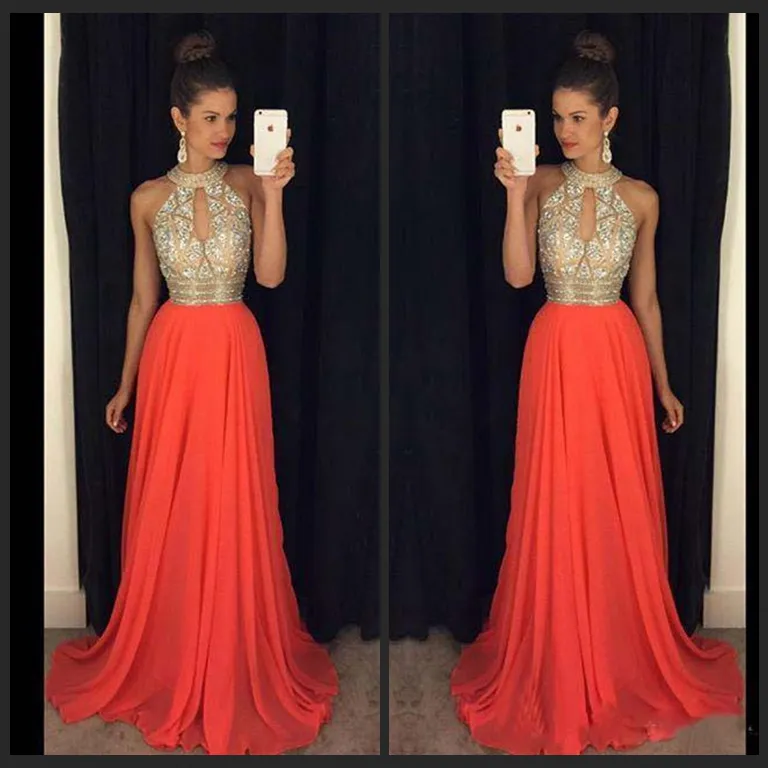 Kristall Prom Kleider 2016 High Neck Abendkleider Günstige Orange Chiffon Mit Perlen Formale Party Kleider Langes Abendkleid