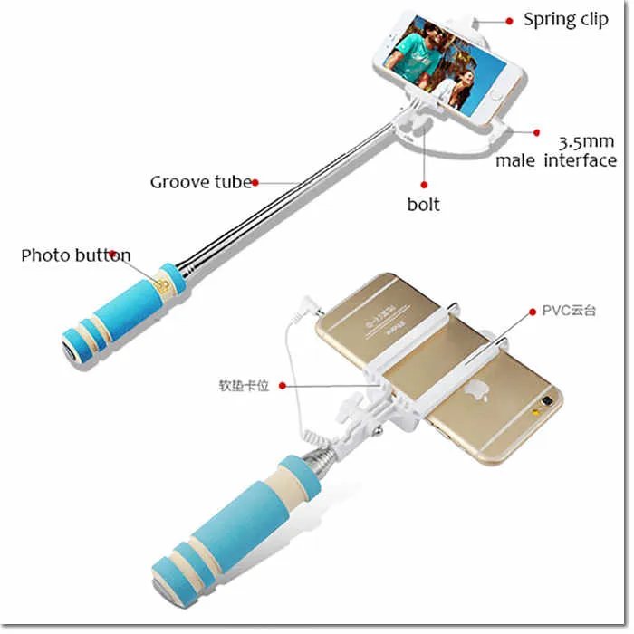 Nova menor peso leve Super Mini extensível Cabo de áudio Wired Mobile Phone vara Handheld selfie monopé para iPhone 5 6 6s