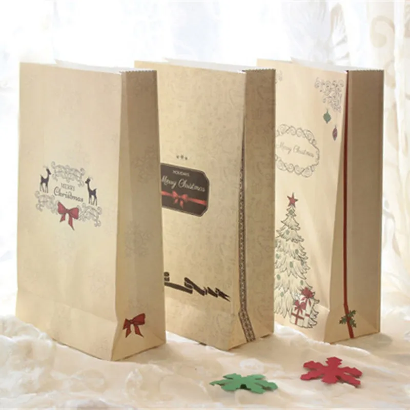 Presente Feliz Natal Bolsas papel Kraft doces de casamento travessura bolsa para favor de partido Kawaii Pão Biscoitos Food Packaging Bags LZ0649