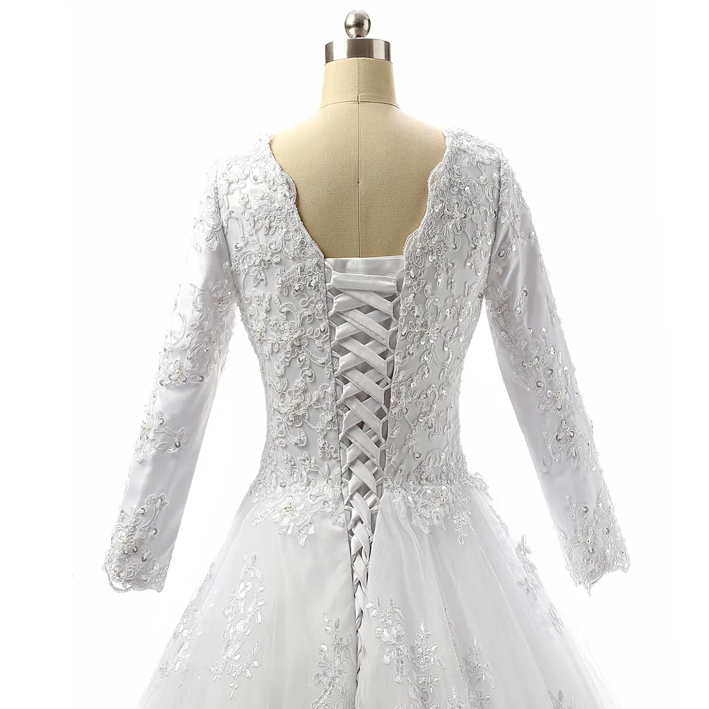 3/4 슬리브 2020 아플리케 웨딩 드레스 레이스 업으로 BATEAU 목 레이스 얇은 명주 그물 웨딩 드레스