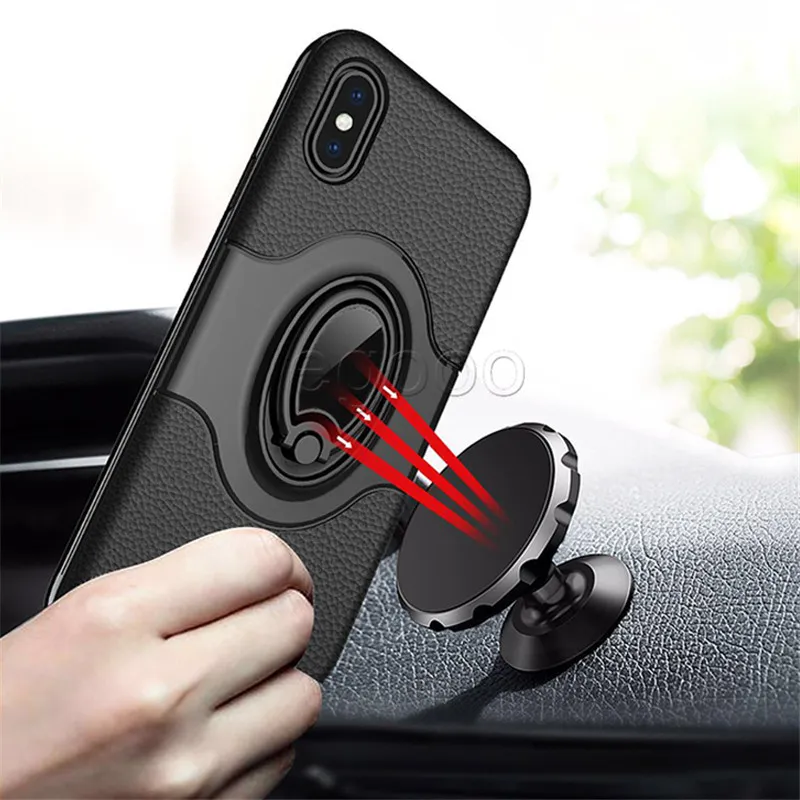 Magnetische Auto Ring Houder Case 360 ​​Houder Armor Lederen Case Cover voor iPhone 11 Pro X XR XS max 8 7 6 S Plus Samsung Note 9 8 S8 S9 S10 Plus