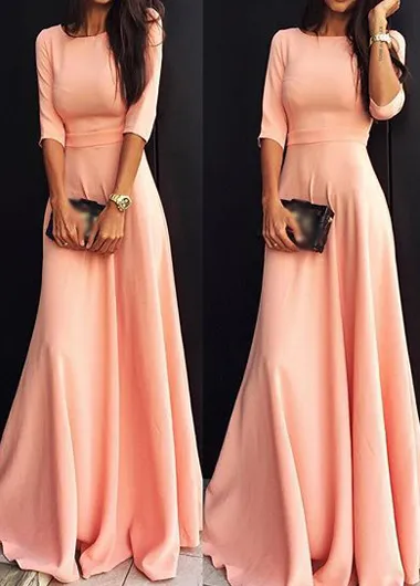 Coral Long Satin Modest Bridesmaid Klänningar med Half Sleeves A-Line Golvlängd Bröllopsfest Gäster Klänningar Modest Billiga Skräddarsy