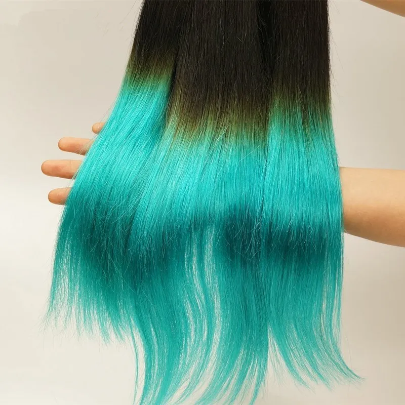 9A Maleisische 1b Teal Two Tone Humal Virgin Hair Bundles 3 stks Kavel Silky Straight Extensions Donkere Wortels Teal Green Ombre Menselijk Haar Weeft