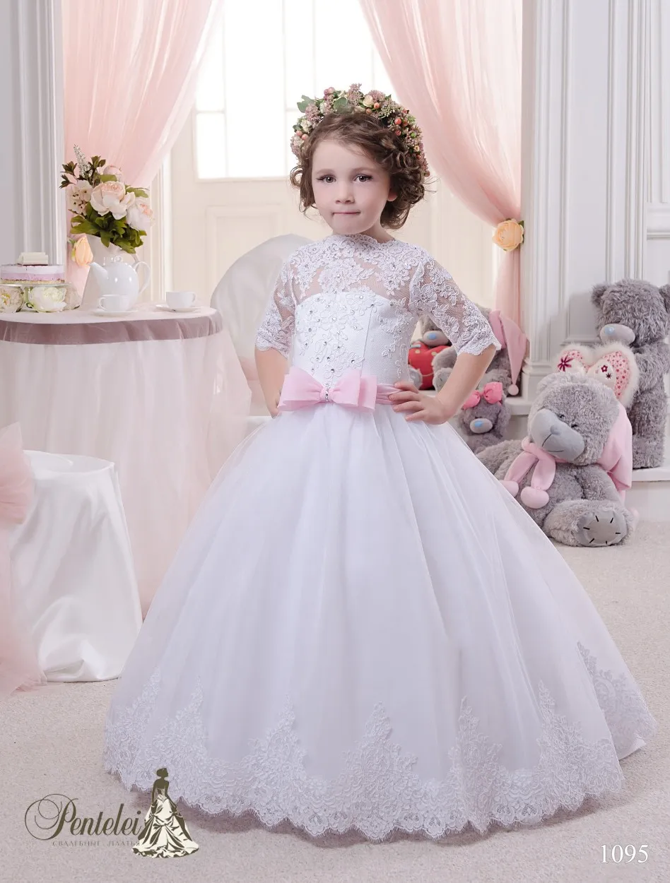 2016 Miniature Brides Dresses with Half Sleeves and Pink Bow Lace Appliques Beaded Tulle Ball Gown Flower Girls Gowns with Lace Up Back