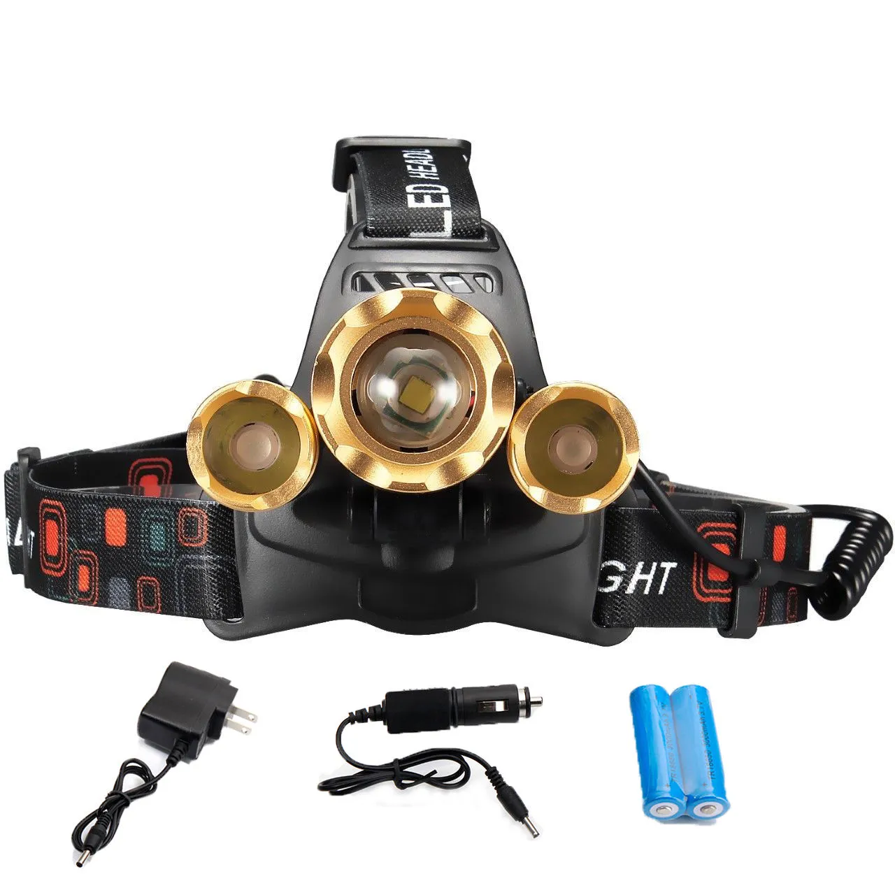 Linterna frontal de caza de 12000 lúmenes 3x XML T6 LED linterna frontal lámpara Camping Zoom linterna frontal 18650 batería + cargador + cargador de coche