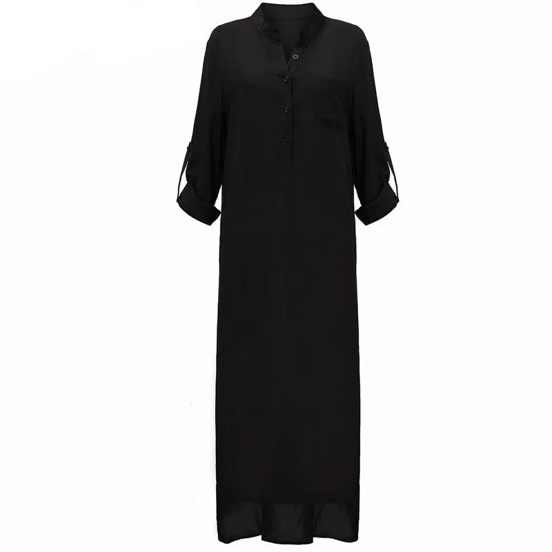 Mode Robes 2016 D'été Femmes Robe Sexy À Manches Longues Col En V Profond Lin Fendu Solide Longue Maxi Robe Plus La Taille 2896998