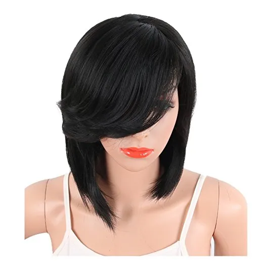 Short Cut Straight Bob human hair Wigs for black Women 150% density African American Wigs with swept Bangs Natural Black Full Wigs