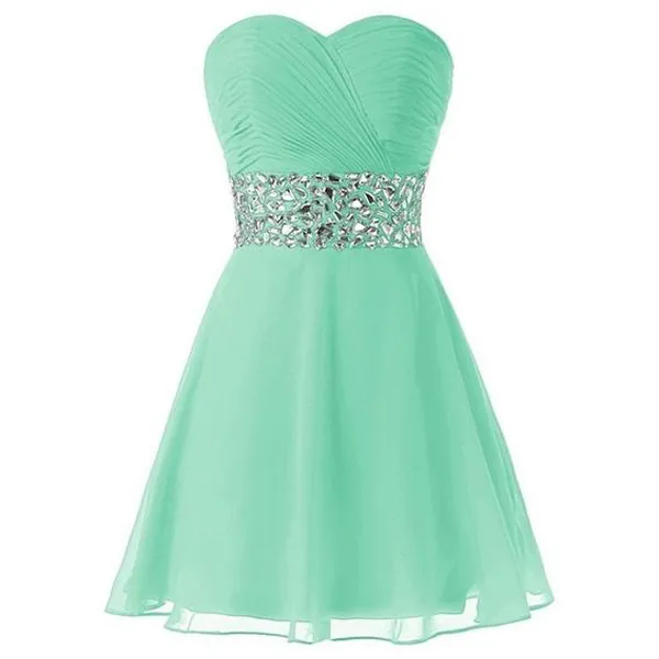 Classic Mint Green Homecoming Klänningar En Linje Sweetheart Neckline Ärmlös Ruched Top Crystals Short Prom Party Gowns Custom Gjorda