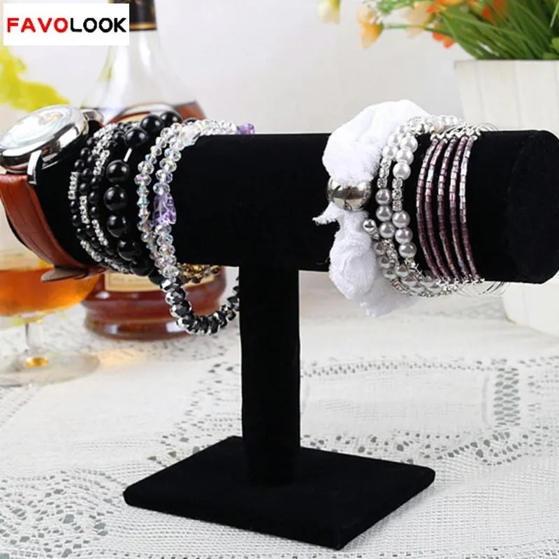 Groothandel-23cm/9.1in zwart fluwelen armband ketting horloge display t-bar rack sieraden harde standaard houder sieraden organisator