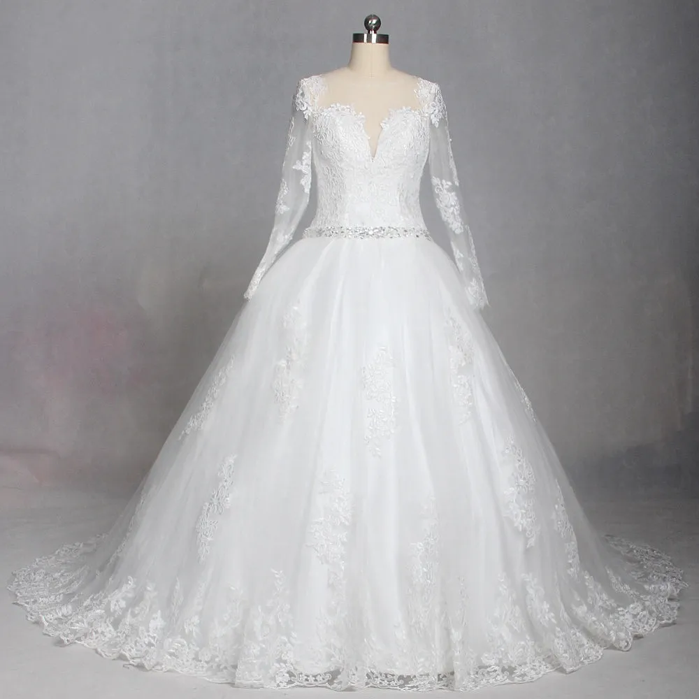 Vintage koronkowa suknia balowa sukienki ślubne Nowe przybycie długie rękaw Sheer szyi z koralikami tiul puffy vestido de noiva sukien ślubny prawdziwe zdjęcia