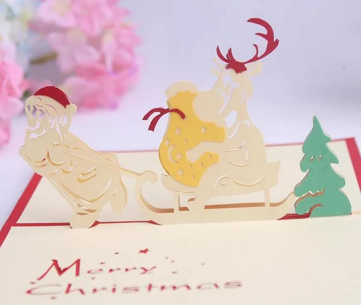 Santa Claus Sled Handmade Kirigami Origami 3D Pop UP Greeting Cards Invitation Postcard For Birthday Christmas Party Gift