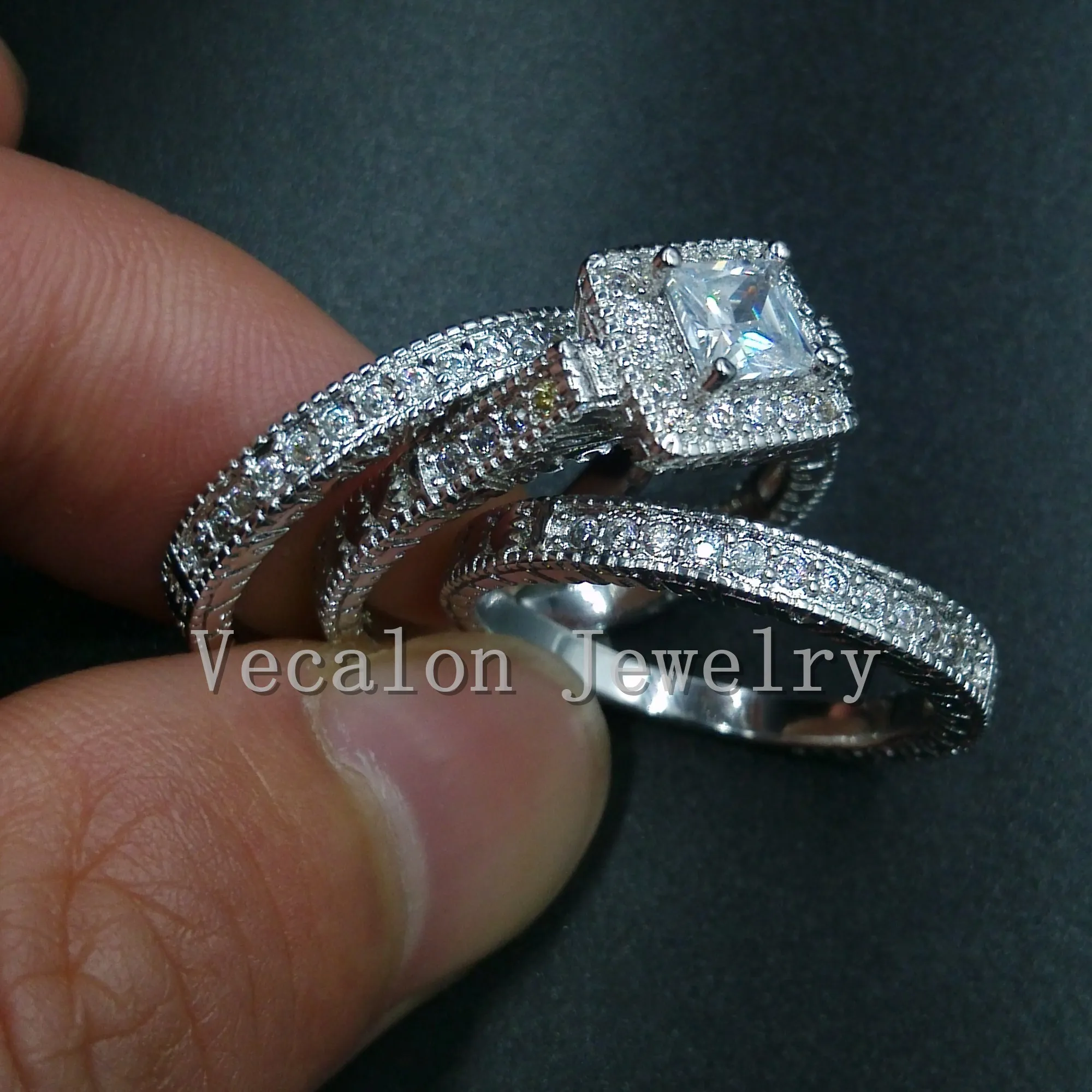 Vecalon Antique Jewelry 3-in-1 Wedding Band Ring Set for Women 2ct Simulated diamond Cz 10KT White Gold Filled Engagement ring