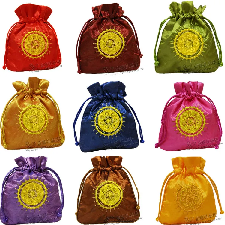 Broderi Sun Små presentväskor för smycken Förpackning påse Satin Cloth Drawstring Torkade blommor Kryddor Coin Storage Pocket Sachet / 