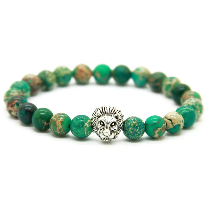 1 PZ Meraviglioso Bracciale Testa Di Leone Color Argento Realizzato Con Nove Stili Bracciali Perline In Pietra Naturale Da 8 Mm Uomo