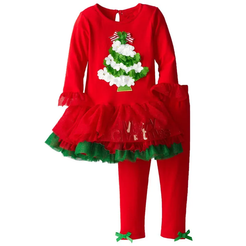 Vestiti di Natale Baby Sanda Modello di albero di renne T-shirt a maniche lunghe Abito e pantaloni Due pezzi Neonate Abiti di Natale Set Abbigliamento ragazze