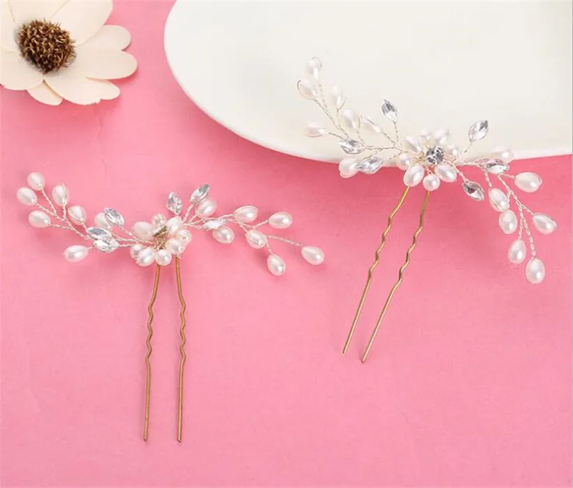 Whole Wedding Bridal U Pins Headpiece Pearl Hair Accessories Clip Gold Crystal Rhinestone Pieces Princess Queen Crown Tiar1335186