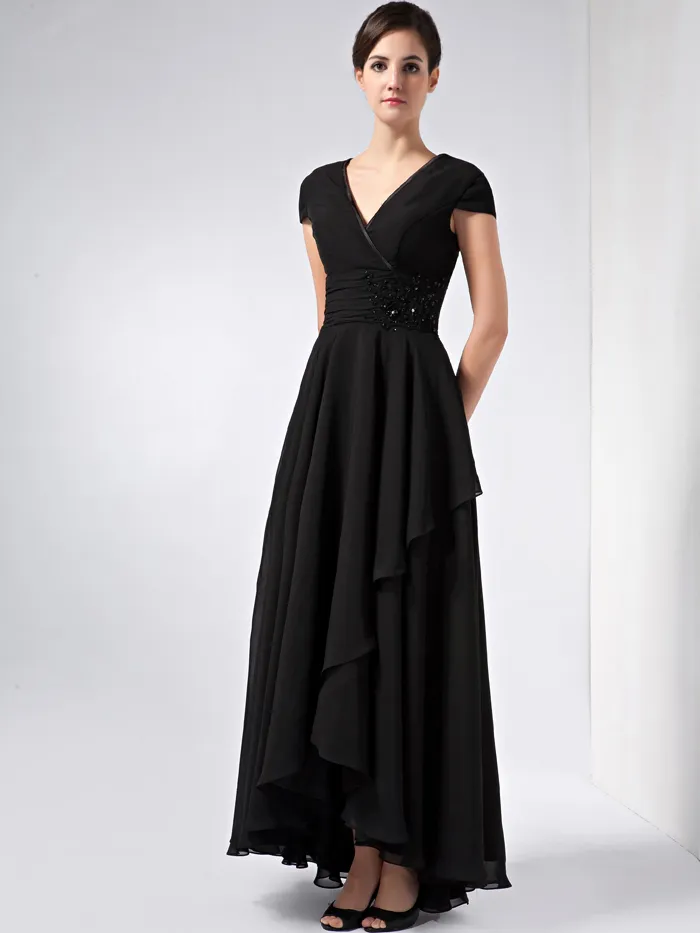 Black Chiffon High Low A-line Long Modest Bridesmaid Dresses With Cap Sleeves V Neck Ruched Beaded Rustic Bridesmaid Dress Wedding Party