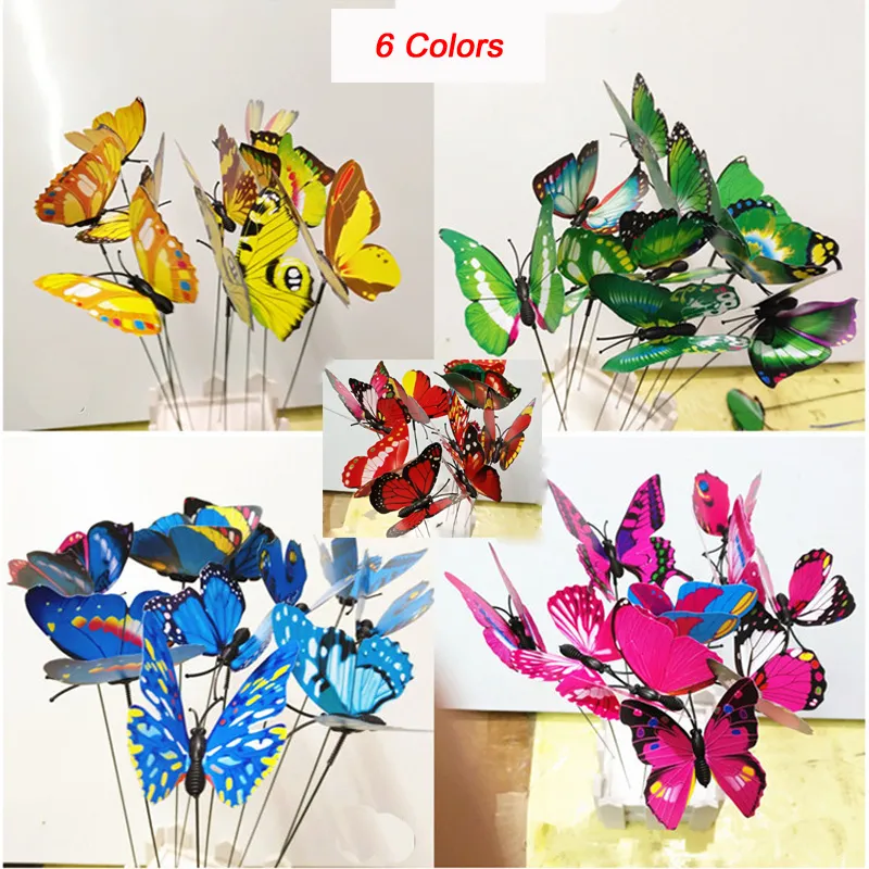 Renkli Bahçe plastik kelebekler çubukları üzerinde dans uçan çırpınan kelebek DIY sanat süs vazo çim bahçe dekorasyon