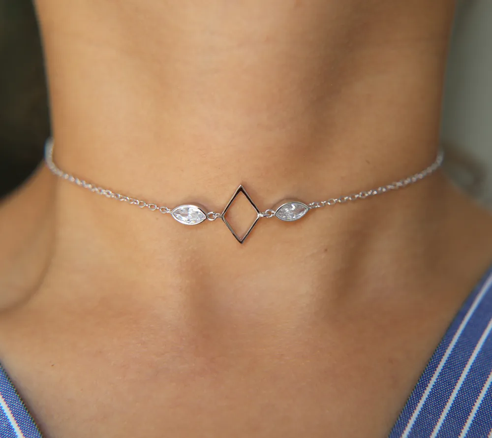 Mode bijoux en gros géométrique simple chaîne délicate 337cm cz chocker or rose plaqué argent simple chaîne collier ras du cou