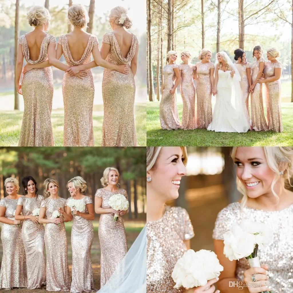 Champagne Gold Sequins Mermaid Bridesmaid платья 2018 с коротким рукавом без спинки длинные пляжные свадьбы платья быстрая доставка