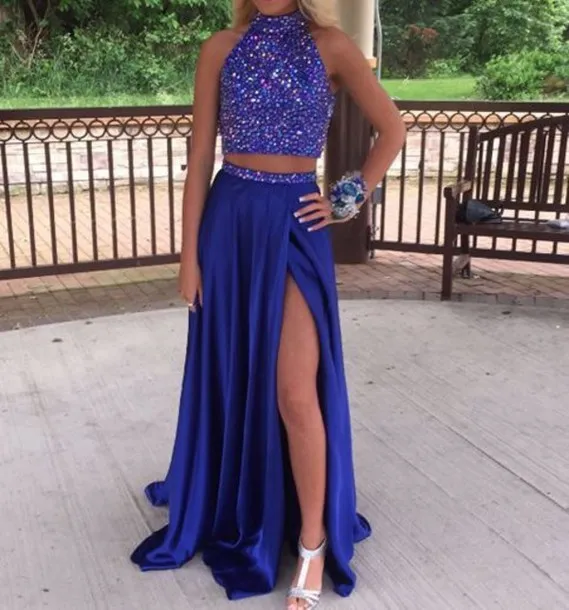 blue two piece prom dress with flowers Elegant Crop Top Prom Dress Print Floral Prom Evening Dresses 2 Pieces –  Siaoryne main image 1