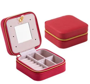 Mode mini smycken lådor läder kosmetisk örhänge läppstift arrangör gåva till tjej spegel sminkbox