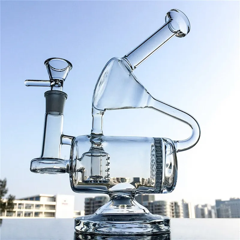 Tubulação de água de vidro com pente de câmara de reciclador duplo PERC BONG INLINE PERC Dab Rigs com 14mm de vidro articulado Bong WP143