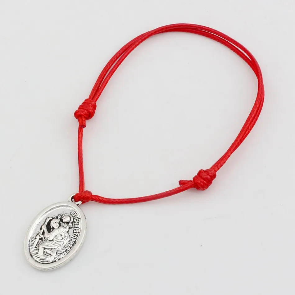 20 peças pulseiras ajustáveis corda de cera vermelha antiga liga de prata pingente de ST Christopher pulseira ajustável B-31233D