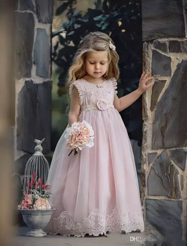 Lovely Blush Pink Flower Girl Dress For Weddings Lace Pageant Gowns With Sash Soft Tulle Dresses For Girls2336