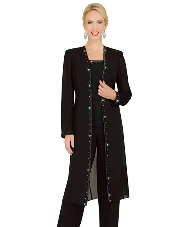 Designer 3 Piece Mother Chiffon Pant Suits Mother Of The Bride Pant Suits with Long Jacket vestidos de fiesta Elegant Evening Party Wear