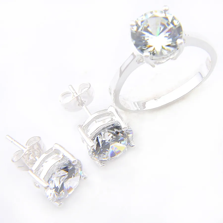 Bröllopsmycken sätter 2 st Lot Round Topaz 925 Silver Stud Örhängen Ringar Vit CZ Zircon för Kvinnor Årsdag Gift Set Fri frakt