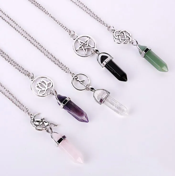 Fashion Star/Lotus Hexagonal Prism Necklaces Gemstone Rock Natural Crystal Quartz Healing Point Chakra Stone Long Charms Women Necklace