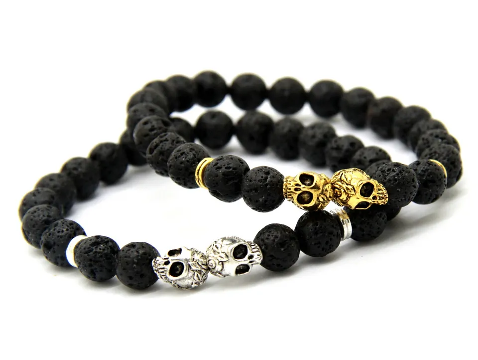 New Products Wholesale Christmas Gift 8MM Lava stone Beads Gold & Silver Skull Yoga Bracelets Party Gift