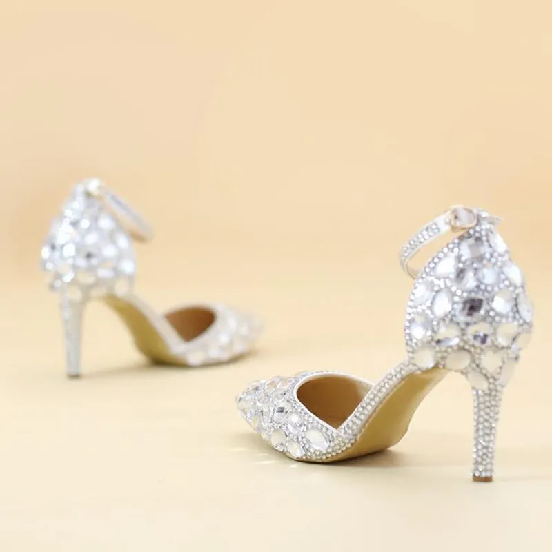 Bout pointu strass chaussures sandales d'été brides à la cheville dame chaton chaussures à talons AB cristal chaussures de fête de mariage Banquet Pumps256W