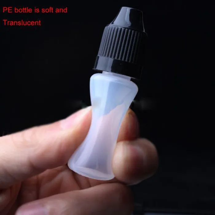 PE Soft Ejuice Bottle 1/3oz genomskinlig 10 ml plastflaskor med droppspets barnsäker mössa