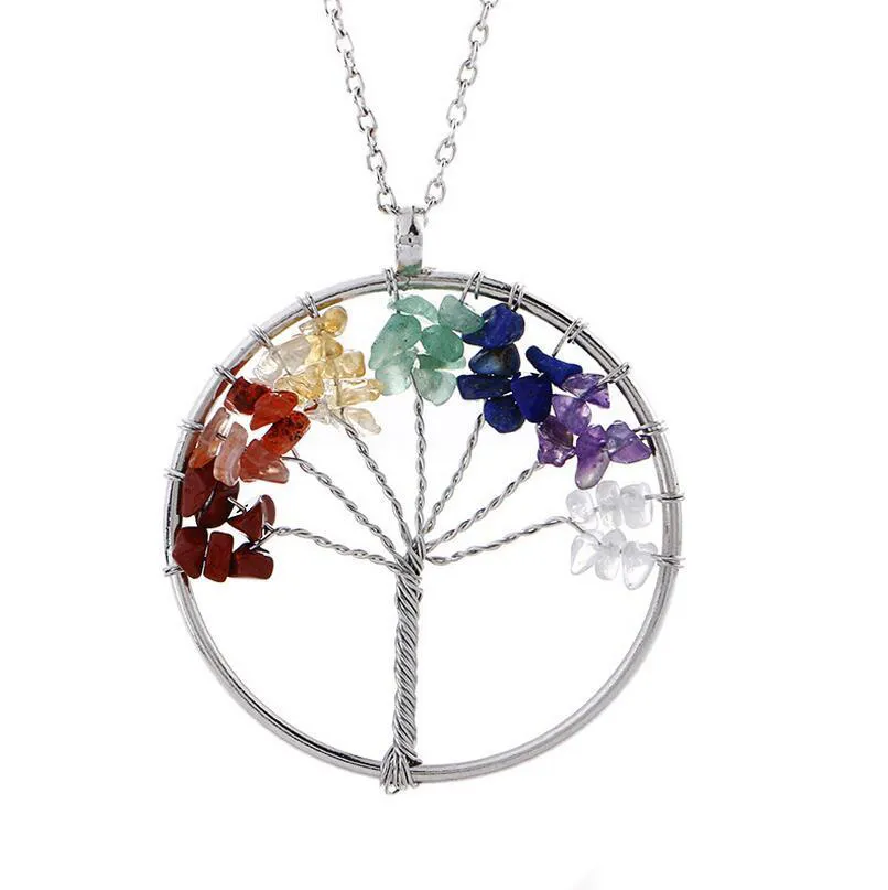 Nieuwe vrouwen regenboog 7 chakra amethist tree of life quartz chips hanger ketting multicolor wijsheid boom natuursteen ketting