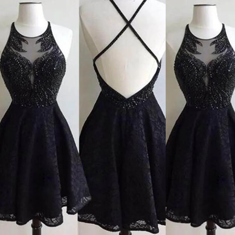 Sexy Halter Vestidos Festa Sheer Neck Kleine Schwarze Cocktailkleider Criss Cross Backless Perlen Top Spitze Prom Party Kleider