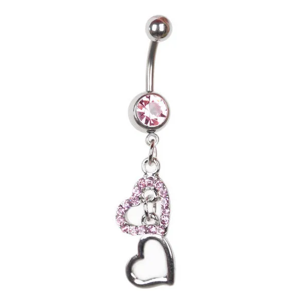Charmant Strass Double Coeur Amour Ventre Nombril Anneau Bar Barbell Body Piercing