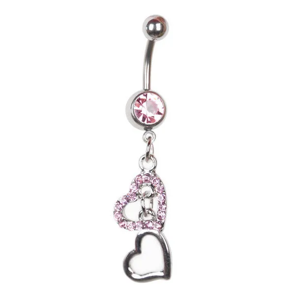 Charming Rhinestone Çift Kalp Aşk Göbek Yüzüğü Bar Barbell Vücut Piercing