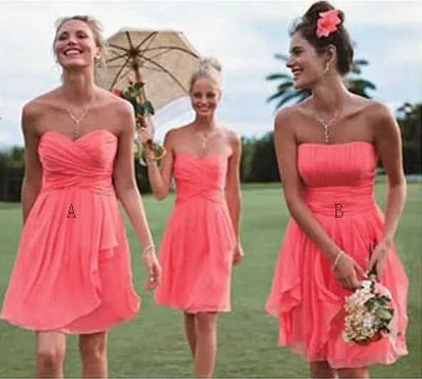 Beach Short Coral Bridesmaid Dresses Wedding Party Dress Knee Length Country Western short country bridesmaid dresses Ruched Chiffon