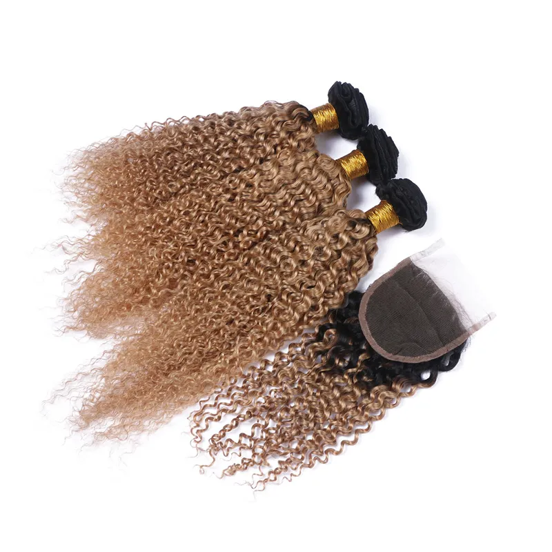 Brésilien 9A Ombre Couleur Kinky Curly Bundles cheveux avec dentelle fermeture 2 Tone 1B 27 tissages cheveux avec fermeture Top / 