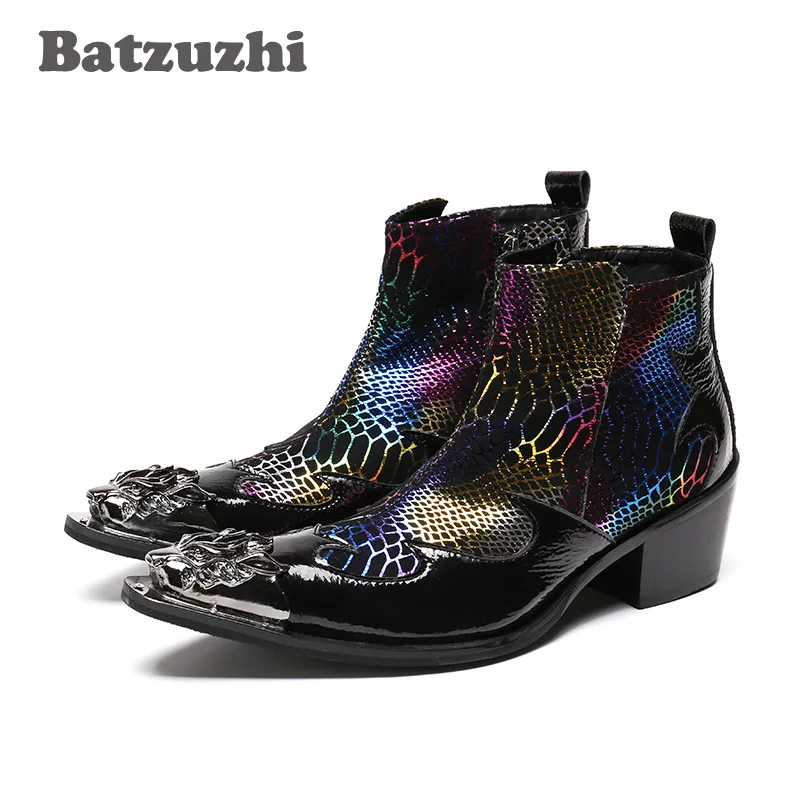 Botas cortas Batzuzhi de estilo occidental a la moda para hombre, zapatos transpirables de cuero para hombre, botas para Club/Negocio/escenario, altura aumentada para hombre